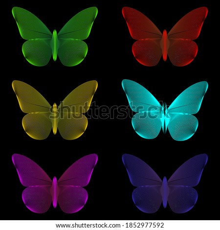 Set of colorful butterflies. Creative cut out, linocut style clip art. Vector illustration isolated on black background.