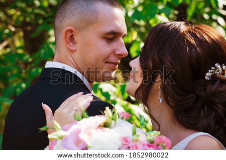 Portrait of happy bride and groom for screensaver or photo album.