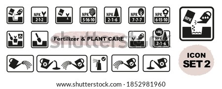 Fertilizer and plant care vector icon set. How to grow healthy plant instructions images. Planting, repotting seedlings, complex fertiliser use, watering can and spray bottle images with square frame Royalty-Free Stock Photo #1852981960
