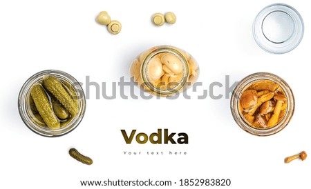 Vodka, glasses and pickles on a white background. Long header banner format. Panorama website header banner. High quality photo
