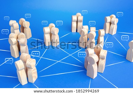 Communicating groups of people are connected by lines. A company with a modified hierarchical system for the distribution of duties and responsibilities. Effective flexible decision making system Royalty-Free Stock Photo #1852994269
