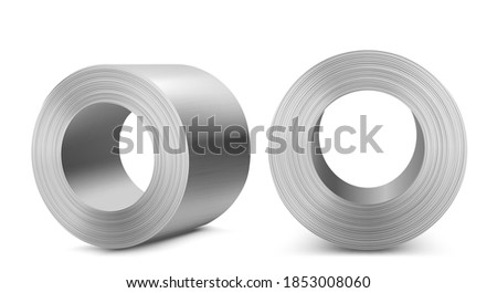 Steel rolls, industrial manufacturing business production, heavy metallurgical industry shiny metal stainless iron or aluminum cylinders isolated on white background, Realistic 3d vector illustration Royalty-Free Stock Photo #1853008060