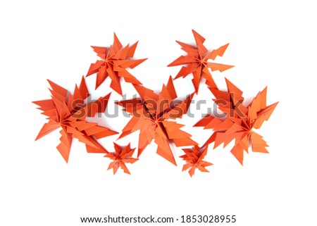 Paper Christmas trees, red fir trees isolated on white background, top view