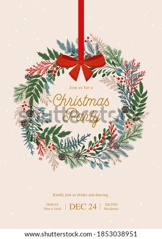 Christmas wreath with  holly berries, mistletoe, pine and fir branches, cones, rowan berries. Xmas and happy new year postcard. Vector illustration, holiday party invitation Royalty-Free Stock Photo #1853038951