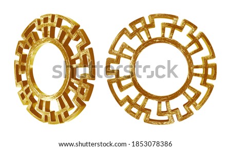 Set of golden round frames for paintings, mirrors or photo in frontal and perspective view isolated on white background
