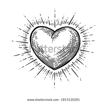 Heart with rays. Vector black vintage engraving illustration isolated on a white background. For web, poster, info graphic. Royalty-Free Stock Photo #1853120281