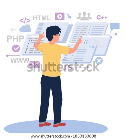 Programmer working on web development on computer. Concept of script coding and programming in php, python, javascript, other languages. Software developer. Flat vector cartoon illustration.
