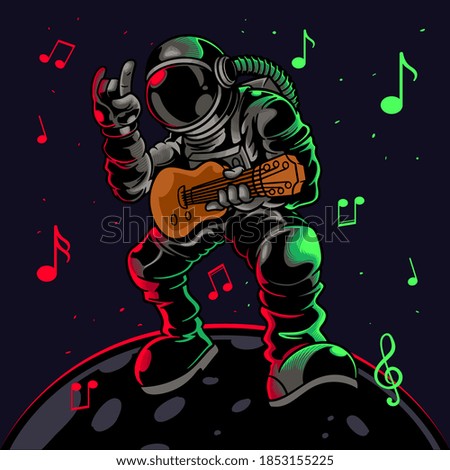 Astronaut playing guitar with metal symbol hand gesture. Cool dude astronauts spaceman play astro rock on electric guitar on a planet. Vector illustration for t-shirt prints, posters and other uses.