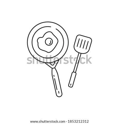 Frying pan with spatula line art vector illustration isolated on white background. Frying pan line icon 