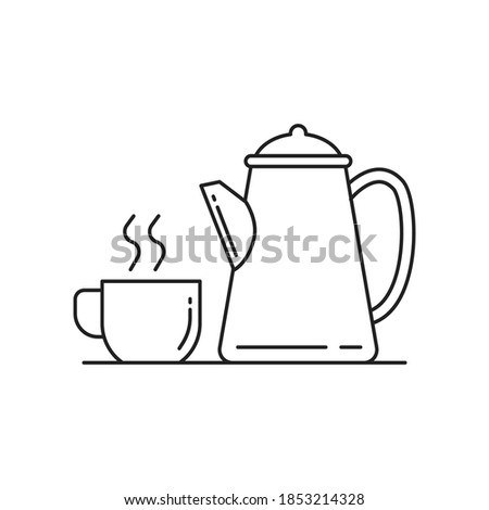 Cup of coffee and kettle line art vector illustration isolated on white background. Coffee linear icon 