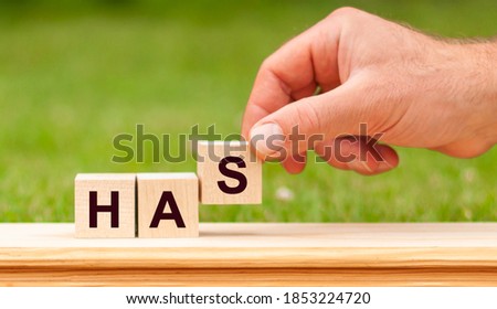 Word HAS written with wooden blocks. Man hand holding wooden cube block with HAS business word on green lawn background. HAS - Health and Safety Authority