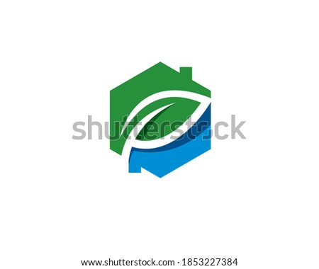 hexagon logo house with negative space leaf leaves showing a sustainable green ecology building home