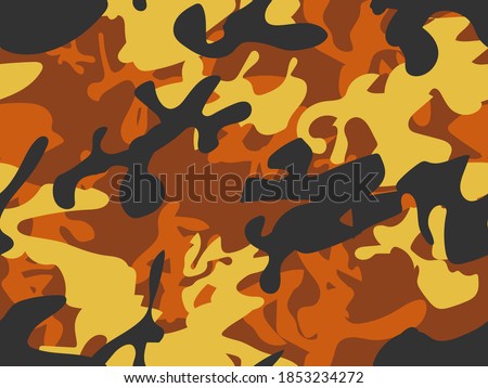 Yellow Black Paint. Military Army Canvas. Abstract Vector Background. Yellow Hunter Pattern. Dirty Camo Print. Orange Fabric Texture. Brown Camouflage Seamless Print. Vector Orange Abstract Camoflage