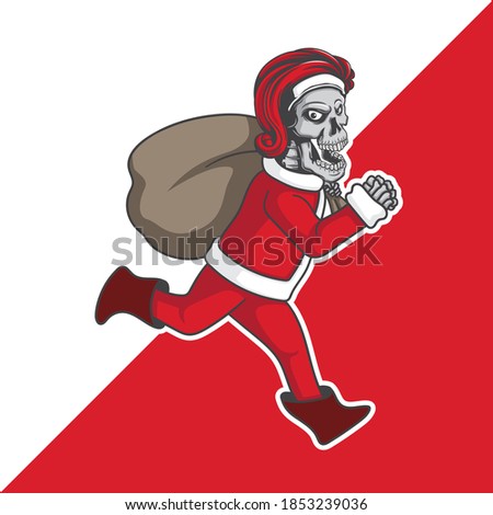 skull santa claus running with a sack of gift vector illustration.