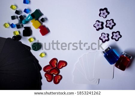 Elements attributes for board games - figures, cards, cubes, bottles, points, lives. On white background Isolated. Copy space
