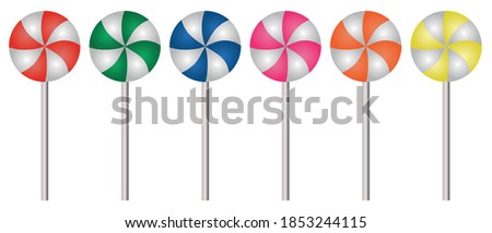 Sweet lollipop. Caramel on a stick. Vector color collection of illustrations. Isolated background. Colorful set of sweets. Flat style. Delicious dessert for children. Festive print. Web design.