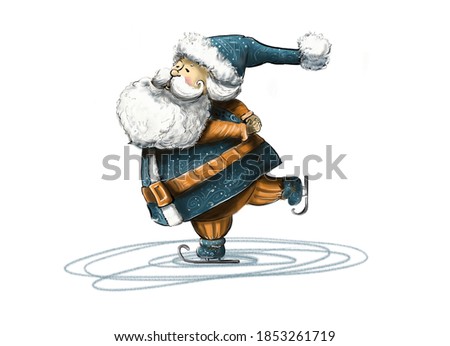 santa claus is skating in a deep blue suit with frost detail. character for greeting cards banners festive paper. good New Year spirit