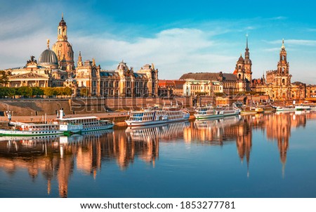 Dresden city skyline at Elbe River and Augustus Bridge at sunrise , Dresden, Saxony, Germany