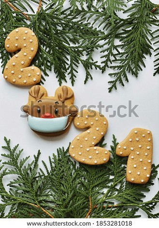 Funny Christmas deer in a mask and 2021 gingerbread date. Coronavirus concept wallpaper 