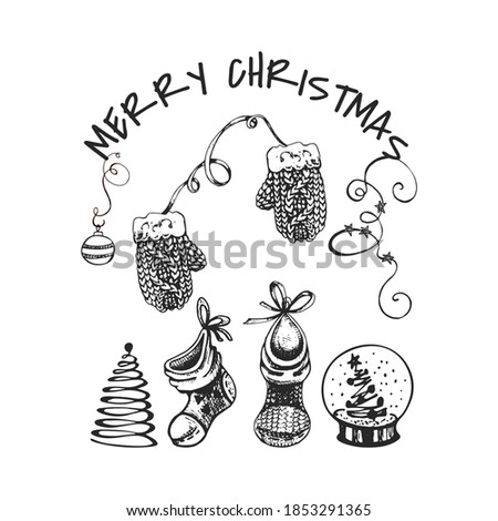 merry christmas, retro postcard, graphic illustrations of warm knitted mittens, socks, christmas toys, ribbons, and a snow globe, elements of traditional symbols of winter holidays