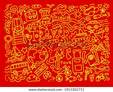 travel background and doodles in a red and yellow colors outlines