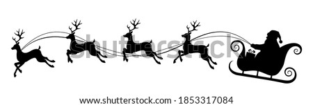 Vector Christmas black and white illustration with Santa Claus riding his sleigh pulled by reindeers. Royalty-Free Stock Photo #1853317084