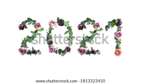 Year 2021, photo number design with leaves and flowers on the white background. 