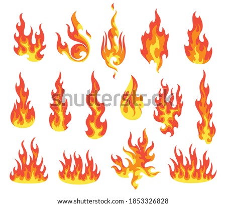 Set of red and orange fire flame. Flames of different shapes. Fireball set, flaming symbols. Idea of energy and power. Collection of hot flaming element. Vector icons in cartoon style