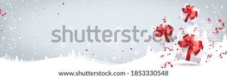 White Christmas gift boxes with red ribbons, bows, decoration, sparkles, confetti, bokeh on light Xmas background with landscapes. Merry Christmas and Happy New Year card. Realistic Vector, banner