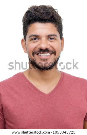 Passport photo of happy laughing latin american man with beard on isolated white background for cut out