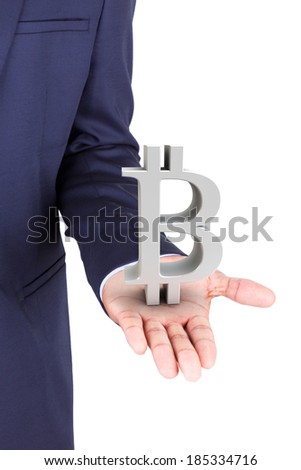 Business man holding bitcoin currency symbol, isolated on white background
