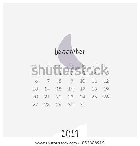 modern  template printable 2021 calendar December winter month minimal style with pastel  violet moon shape icon