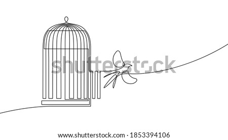 Bird released from birdcage in continuous line art drawing style. Bird flying away from open cage. Rescue, freedom and new opportunities. Minimalist black linear sketch isolated on white background Royalty-Free Stock Photo #1853394106