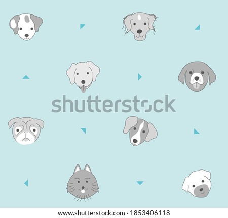 Seamless pattern of all kinds of dogs and puppy's in grey and light blue,  graphic drawing, minimal retro vintage, sweet happy kids background illustration in vector