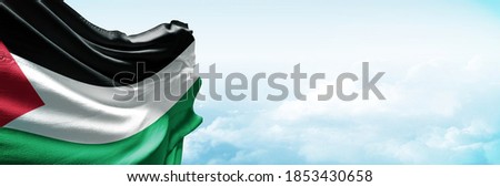 Palestine flag in the blue sky. Horizontal panoramic banner.
