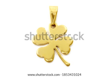 Gold four-leaf clover pendant. Stainless steel necklace. White color background. OEM product