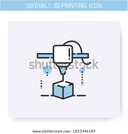 3d printing line icon. New product under printing head. 3d modeling or rendering process. Additive Manufacturing, fabber technology, prototyping industry. Isolated vector illustration.Editable stroke 