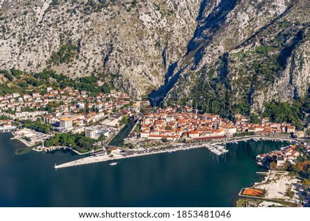 Bay of Kotor and Boko-Kotorsky Bay from the height of Vrmac. View of Kotor. Mountains and bay in Montenegro.