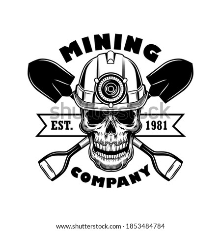 Miners skull vector illustration. Head of skeleton in helmet with torch, crossed shovels and text. Coal mining industry concept for emblems and badges templates
