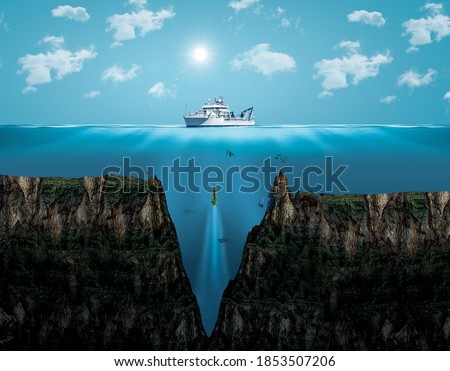 Mariana Trench. the deepest point of the earth.Digital Visual Illustration of Mariana Trench. Viewof the Mariana Trench, the deepest depths in the Western Pacific.Bermuda Triangle mystery Ocean center Royalty-Free Stock Photo #1853507206
