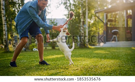 Man Plays with His Smooth Fox Terrier Dog Outdoors. He Pets and Teases His Puppy with His Favourite Toy. Idyllic Summer House. Royalty-Free Stock Photo #1853535676