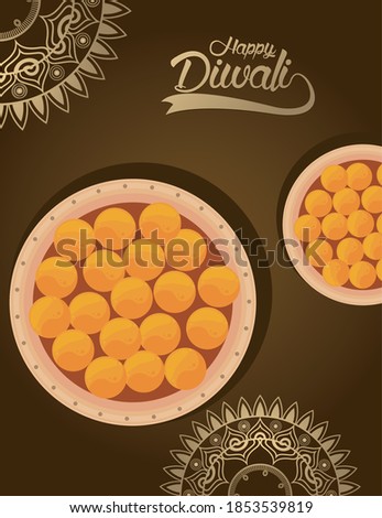 happy diwali celebration with food and mandalas in brown background vector illustration design