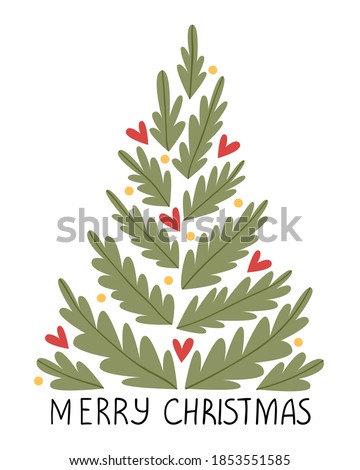 Conceptual Christmas tree made of twigs. Flat style vector illustration of the Christmas concept.Simple illustration.Cute Poster.Scandinavian style .Minimalisn . Nature .