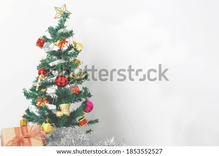 Christmas composition with decorations and gift box with bows on white background. winter, new year concept. Flat lay, top view, copy space.