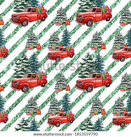 Christmas retro truck and christmas tree seamless pattern. Winter wrapping paper. Watercolor hand drawn background. Green foliage stripes