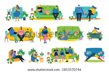 Stay and work at home. Parents and child at home and using digital device, reading book and playing guitar. Hobby infographic design elements vector illustration in flat design