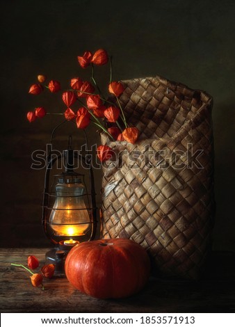 Autumn still life with lighting old lantern and dried plants