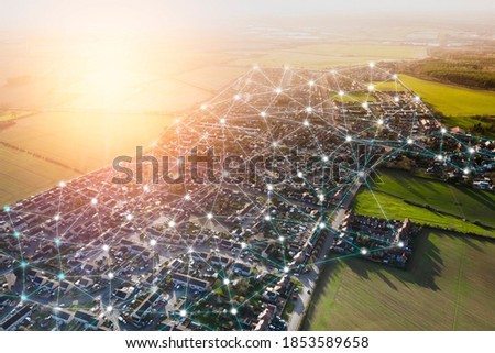 Smart city, internet of thing hosing urban masterplan sunset big data network connections Royalty-Free Stock Photo #1853589658