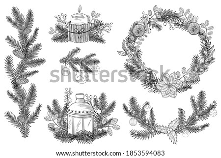 Set of black and white decor for Christmas and New Year.A tree twig, wreath, needles, pine, berry, holly, cotoneaster, spurge, pine cone, cinnamon, retro lamp, bulbs, candle, orange. Isolated vector.