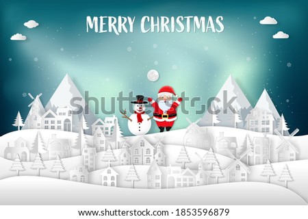 Paper art , cut and digital craft style of Santa Claus and snowman in the snow village in the winter background as holiday and x'mas day concept. vector illustration.
